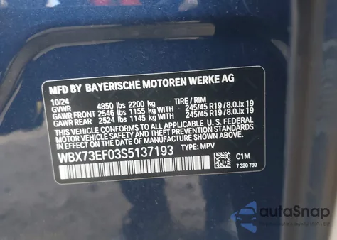2025 BMW X1 xDrive28I из США, поврежденный, VIN WBX73EF03S5137193